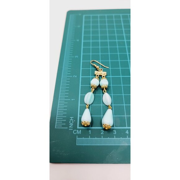 Vintage Gold tone baby blue marbled glass dangly Earrings - Picture 4 of 4